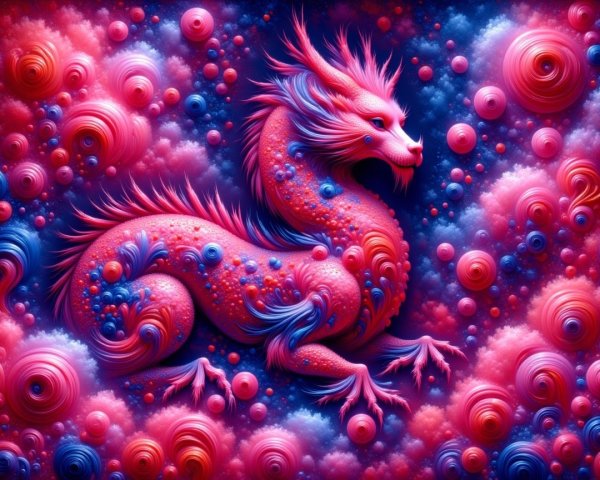 Magenta and Blue Dragon in Psychedelic Landscape