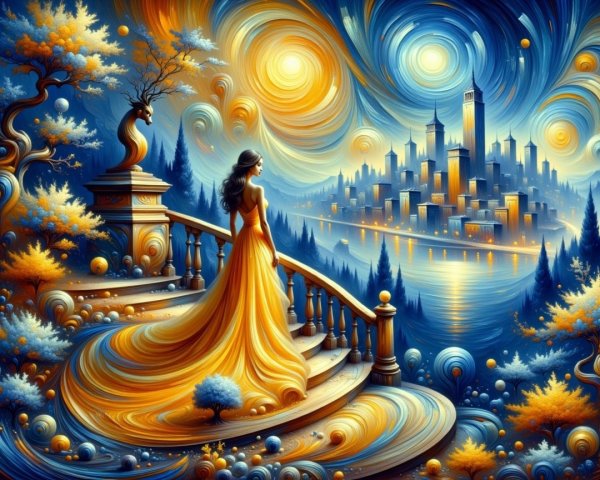 Woman in Golden Dress on Grand Staircase Overlooking City