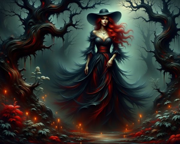 Pale-Skinned Witch in Dark Forest Fantasy Scene