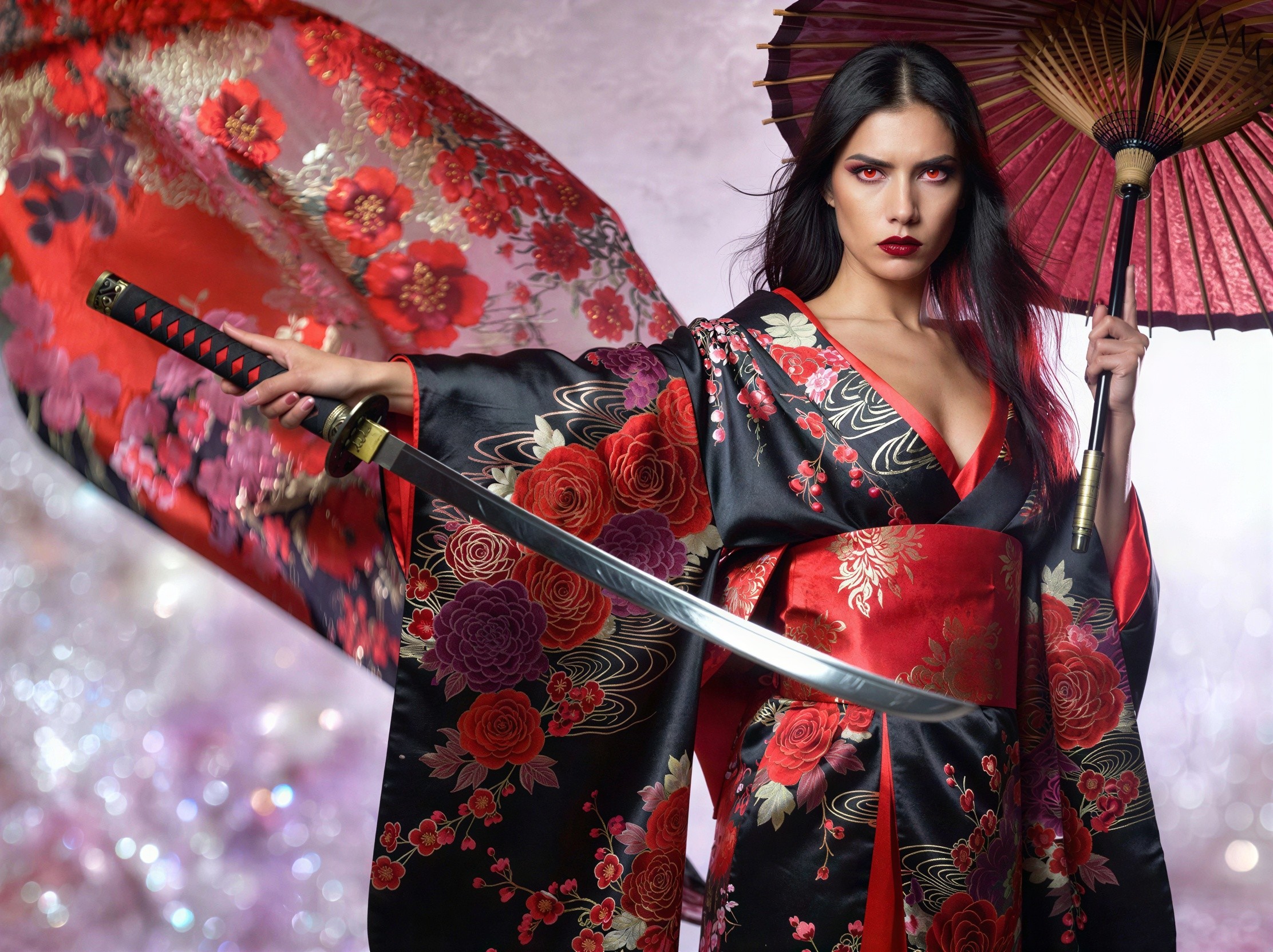 Full-Body Portrait of Woman in Kimono with Katana