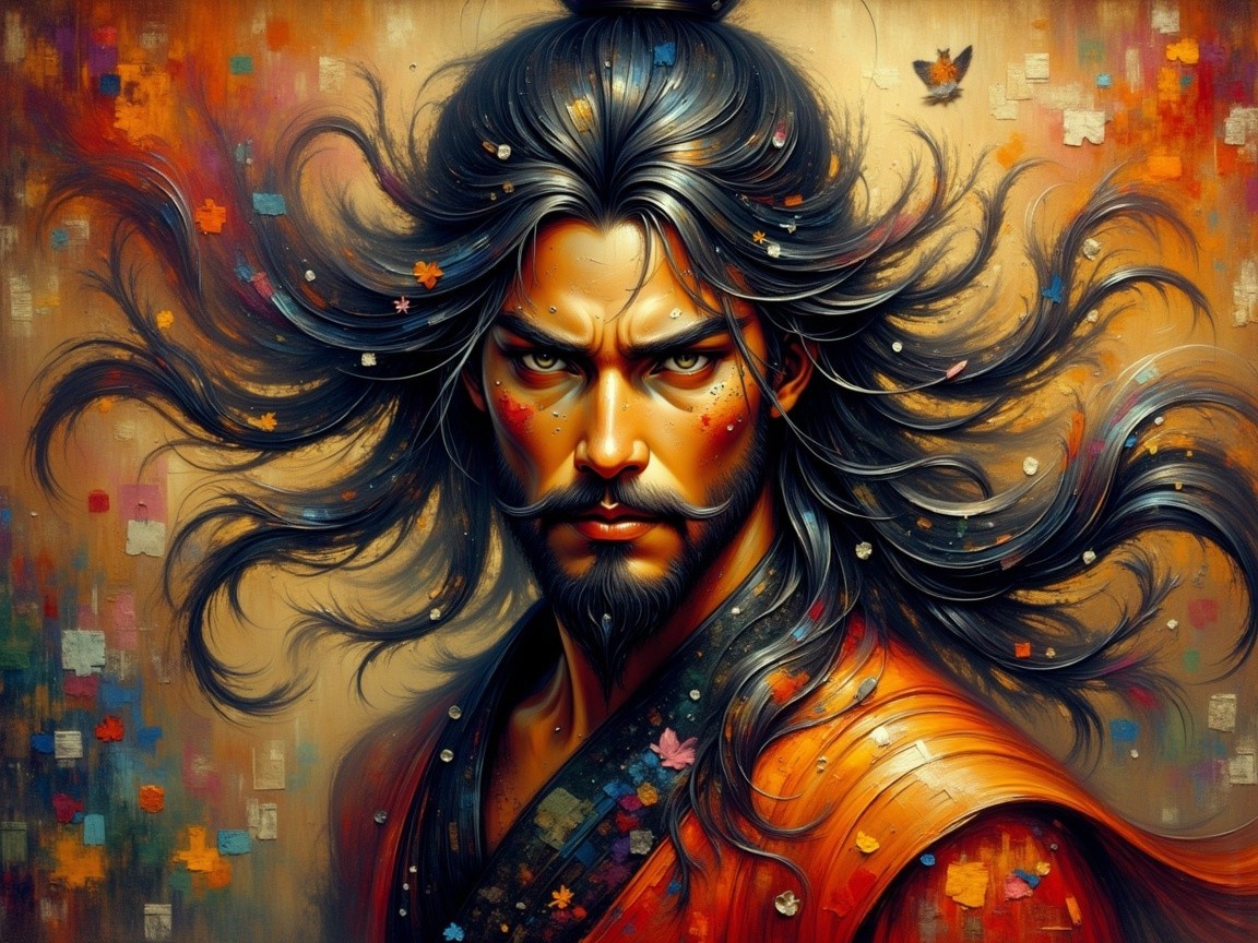 Portrait of a warrior in vibrant orange and black robe