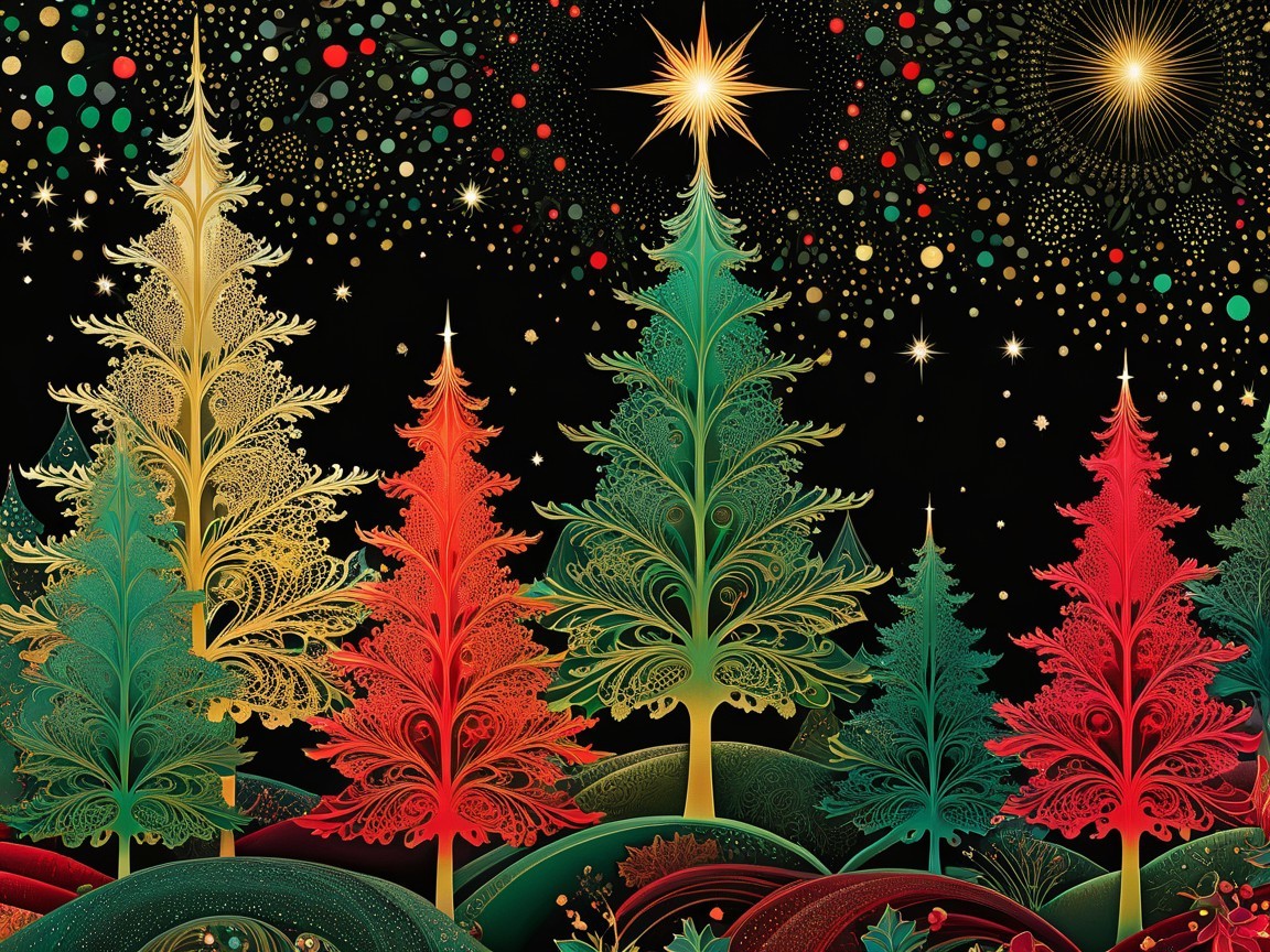 Ornate Golden Christmas Tree Illustration on Hillside