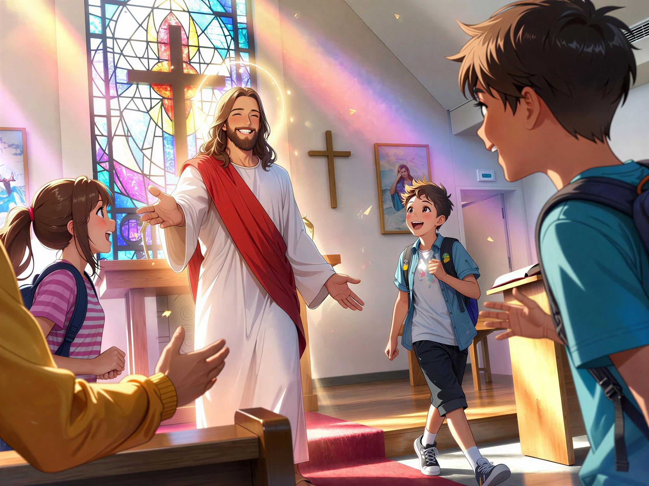 Anime-style depiction of Jesus at a church altar
