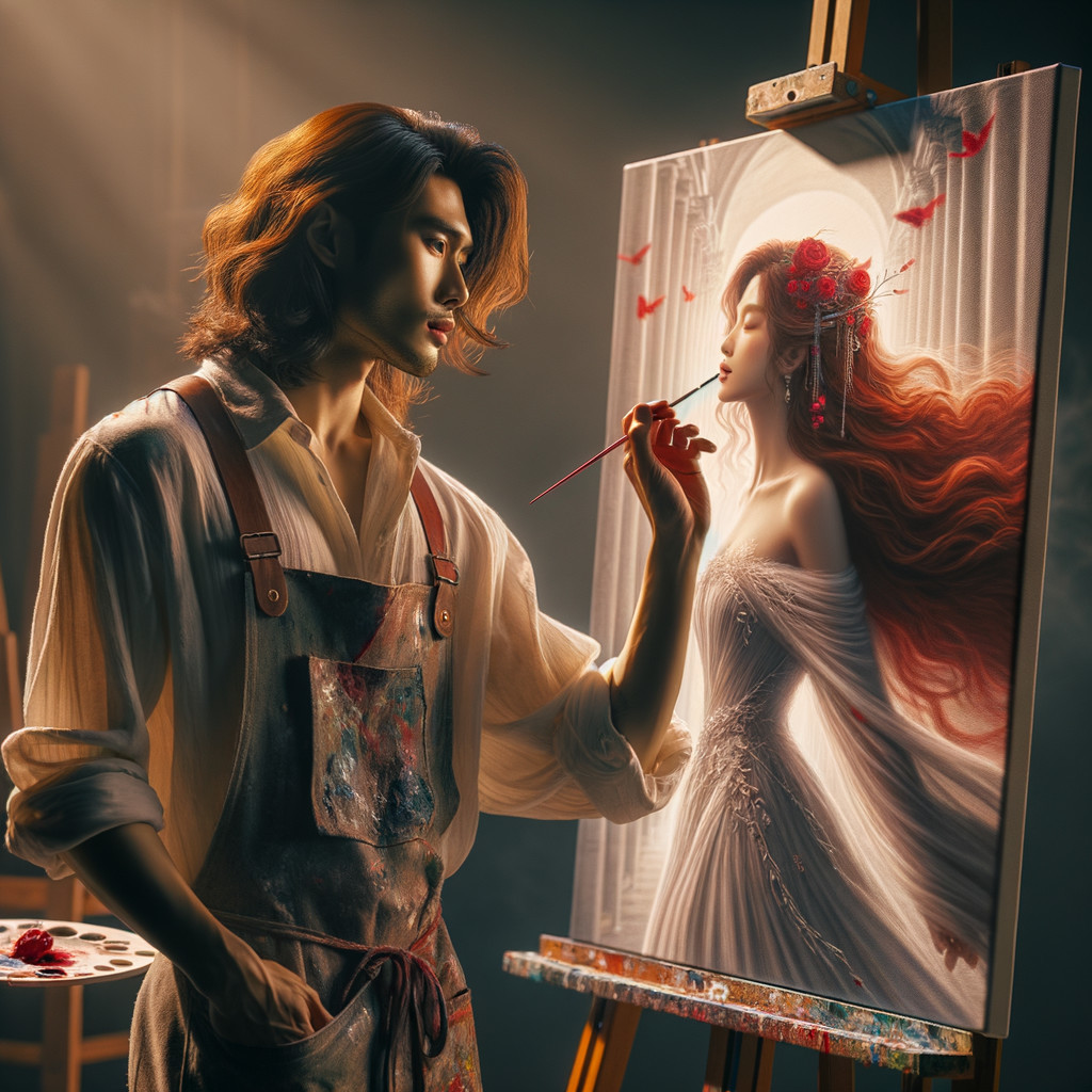 Young Male Painter Working on a Woman's Portrait