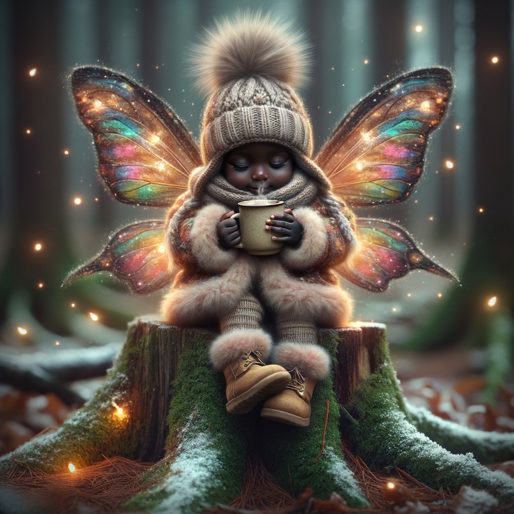 Baby fairy on mossy stump in a forest setting