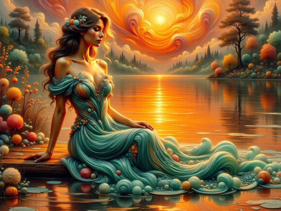 Woman by Tranquil Lake at Sunset with Floral Dress
