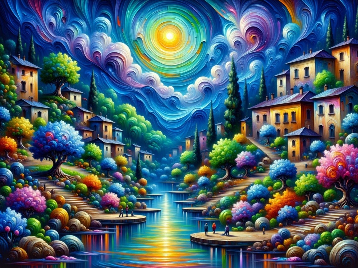 Vibrant Landscape with River and Quaint Houses