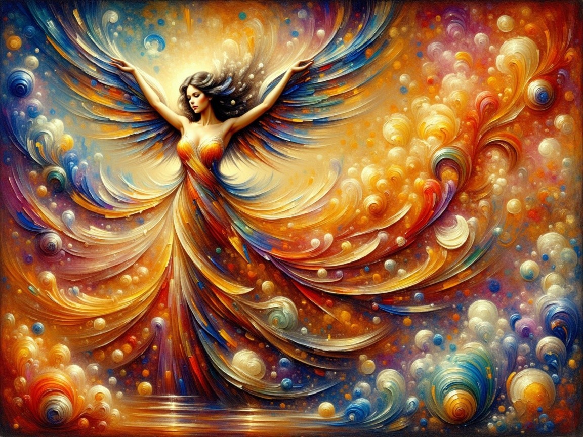 Ethereal Figure in Colorful Swirl of Patterns