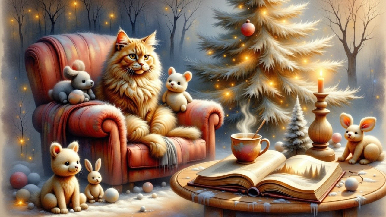 Ginger Cat in Cozy Winter Scene with Christmas Decor