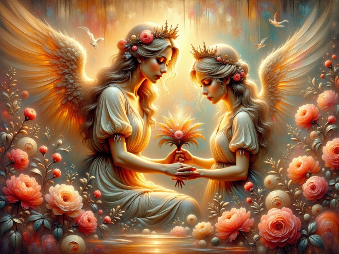Angelic Figures Surrounded by Roses in Soft Light