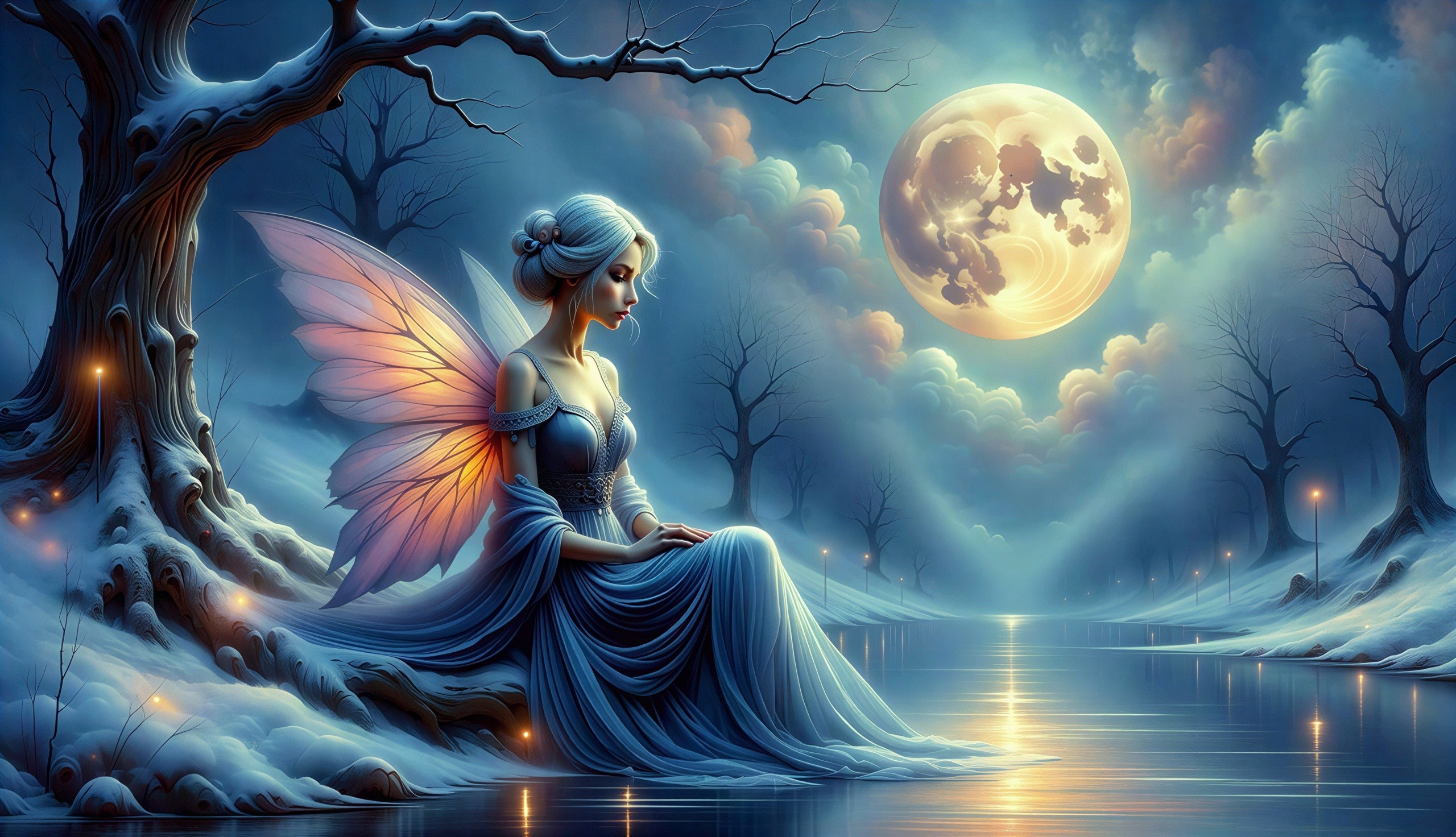 Elegant fairy by a half-frozen lake at night