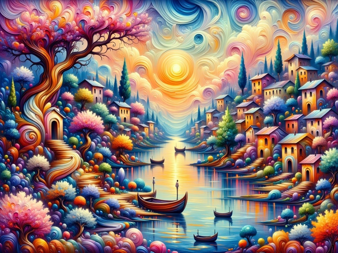 Vibrant Landscape with Serene River and Whimsical Houses