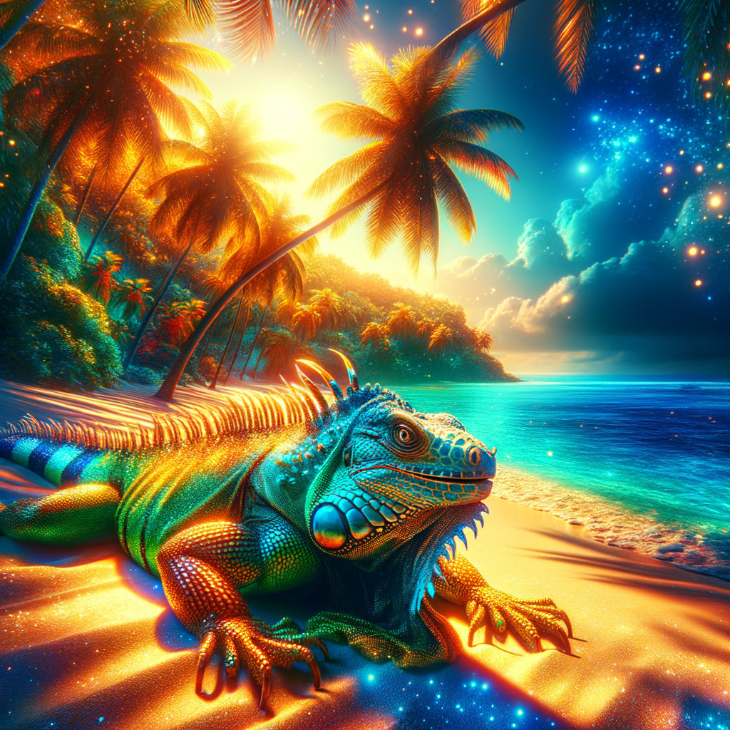 Bioluminescent Iguana on Tropical Beach with Vibrant Scales
