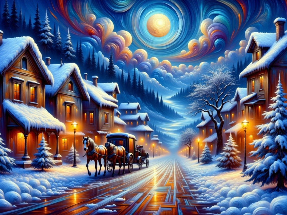 Winter Evening Scene with Snow-Covered Houses