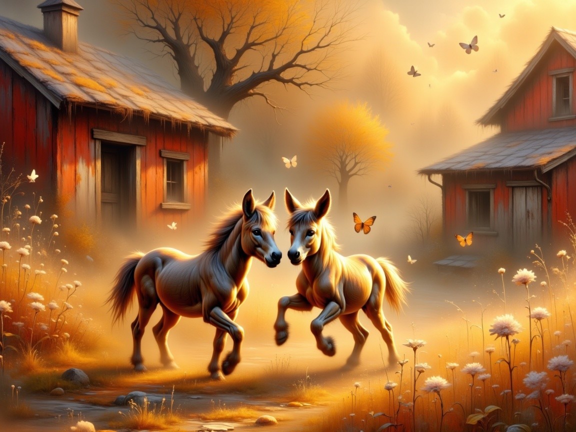 Horses in Rustic Cottage Landscape with Wildflowers