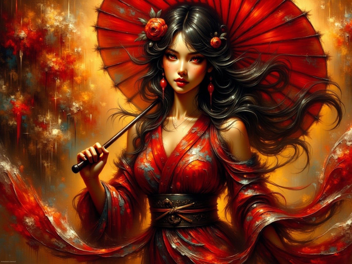 Asian woman in red kimono with ornate umbrella