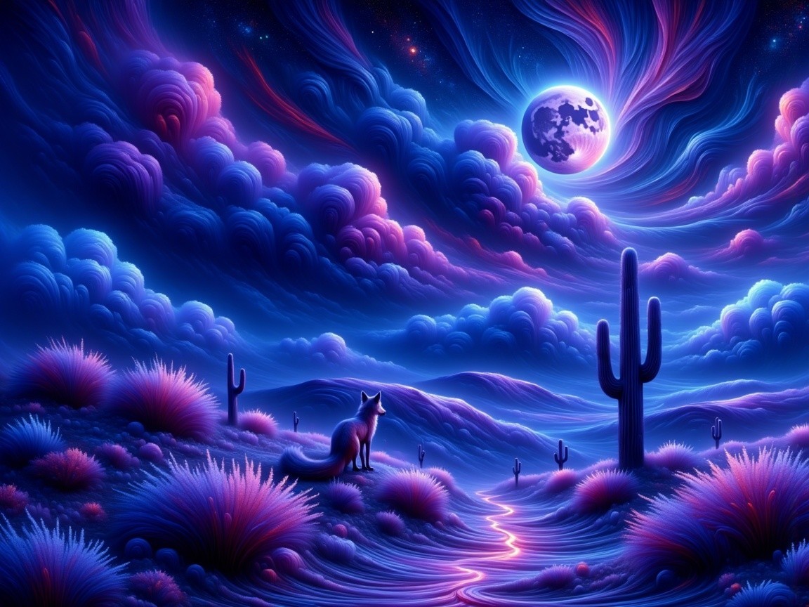 Surreal Landscape with Vibrant Clouds and Cacti