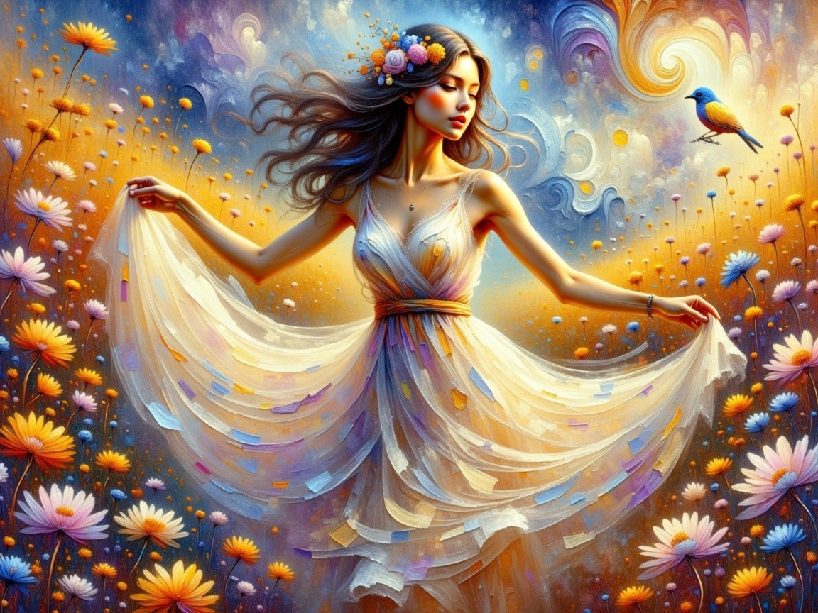 Ethereal Dance of a Woman in a Flower Field