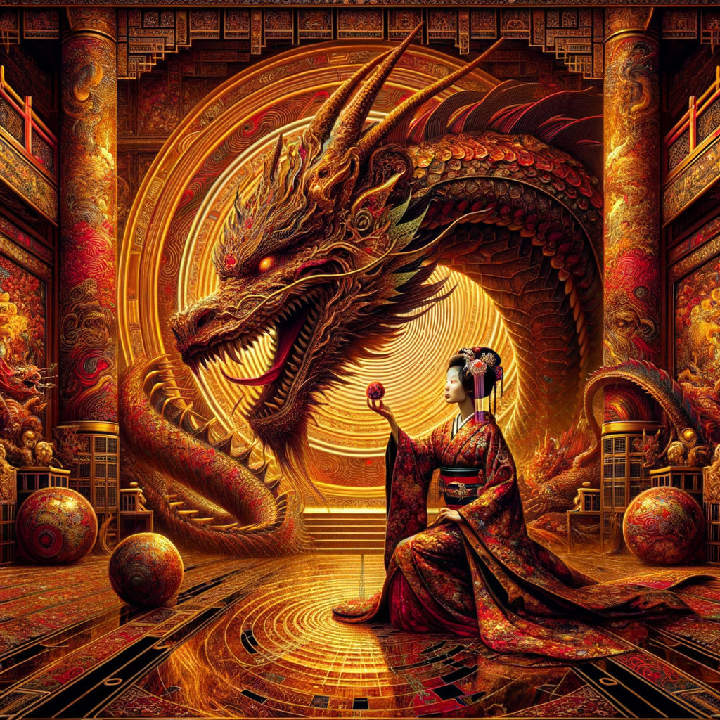Traditional Chinese Dragon and Woman in Kimono Scene