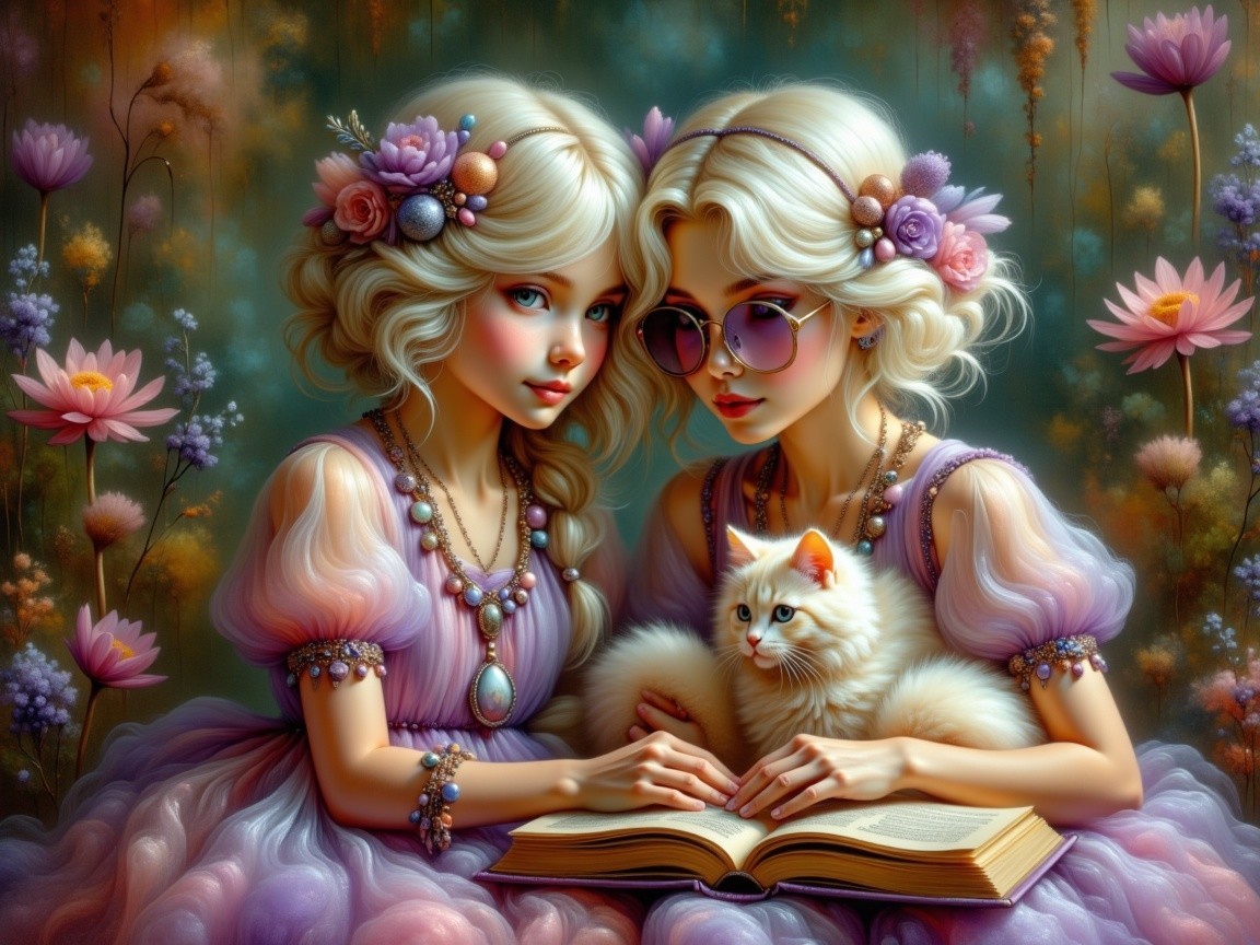 Enchanting Girls in Purple Gowns with a White Cat