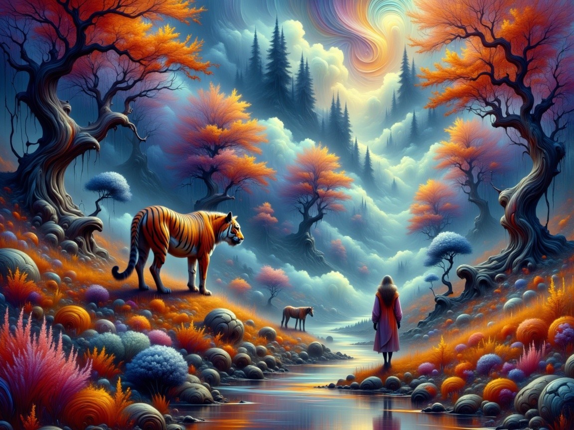 Vibrant Landscape with Tiger and Misty Mountains