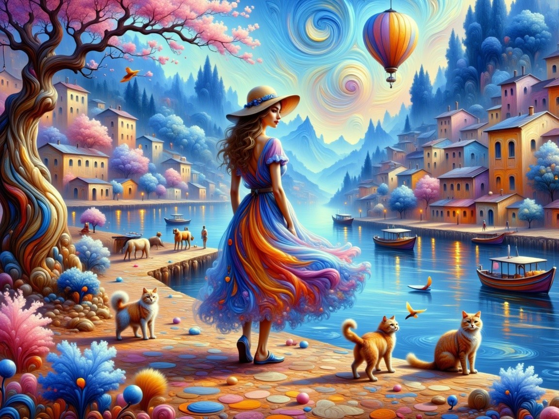 Whimsical Riverbank Scene with Colorful Elements
