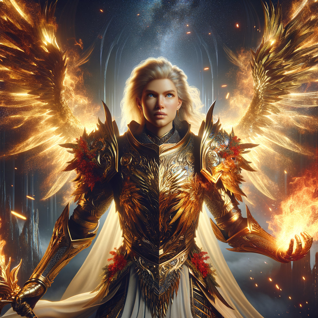 Ethereal angel in golden armor with fiery wings