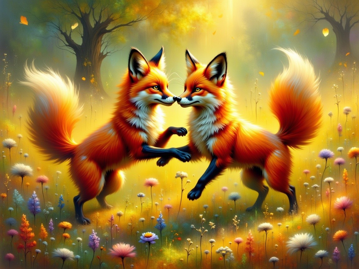 Playful foxes dancing in a vibrant flower meadow