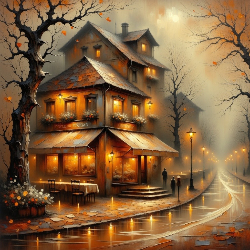 Cozy Street Scene with Illuminated Café in Autumn