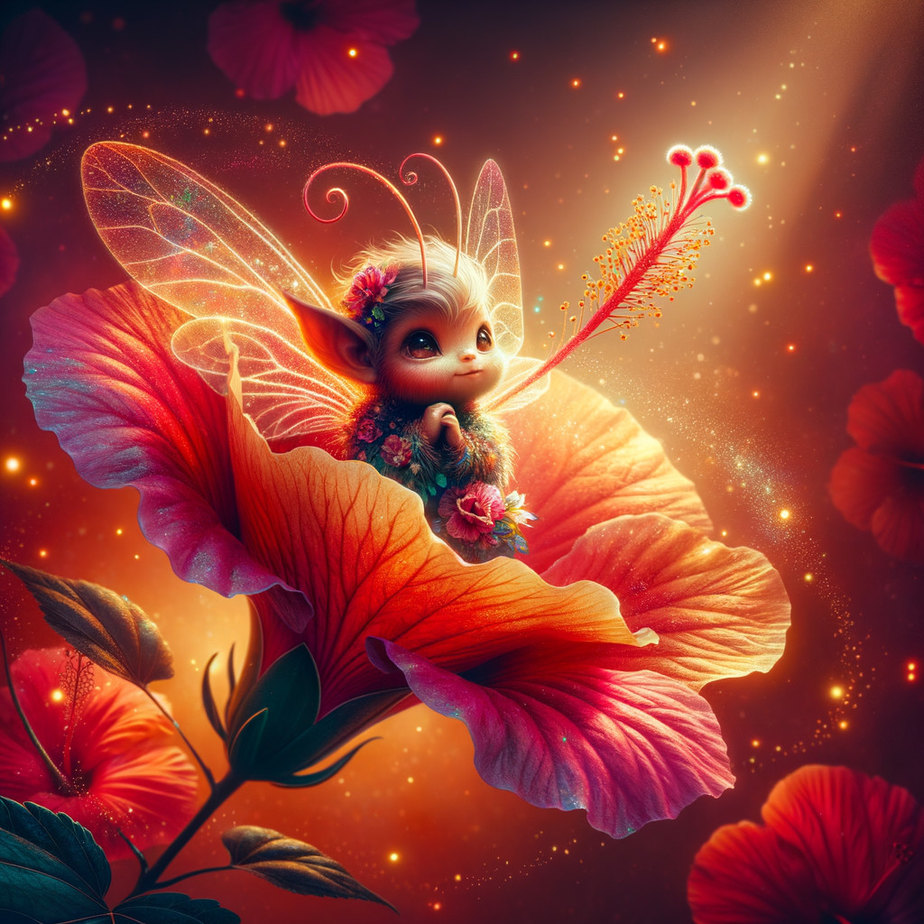 Close-up of a fairy-like creature in hibiscus petals