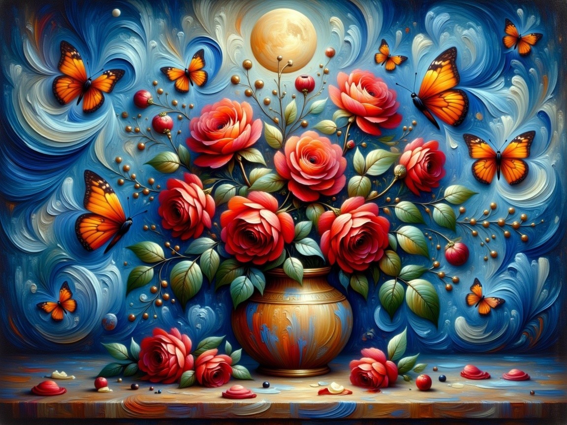 Vibrant Still Life of Red Roses in Ornate Vase