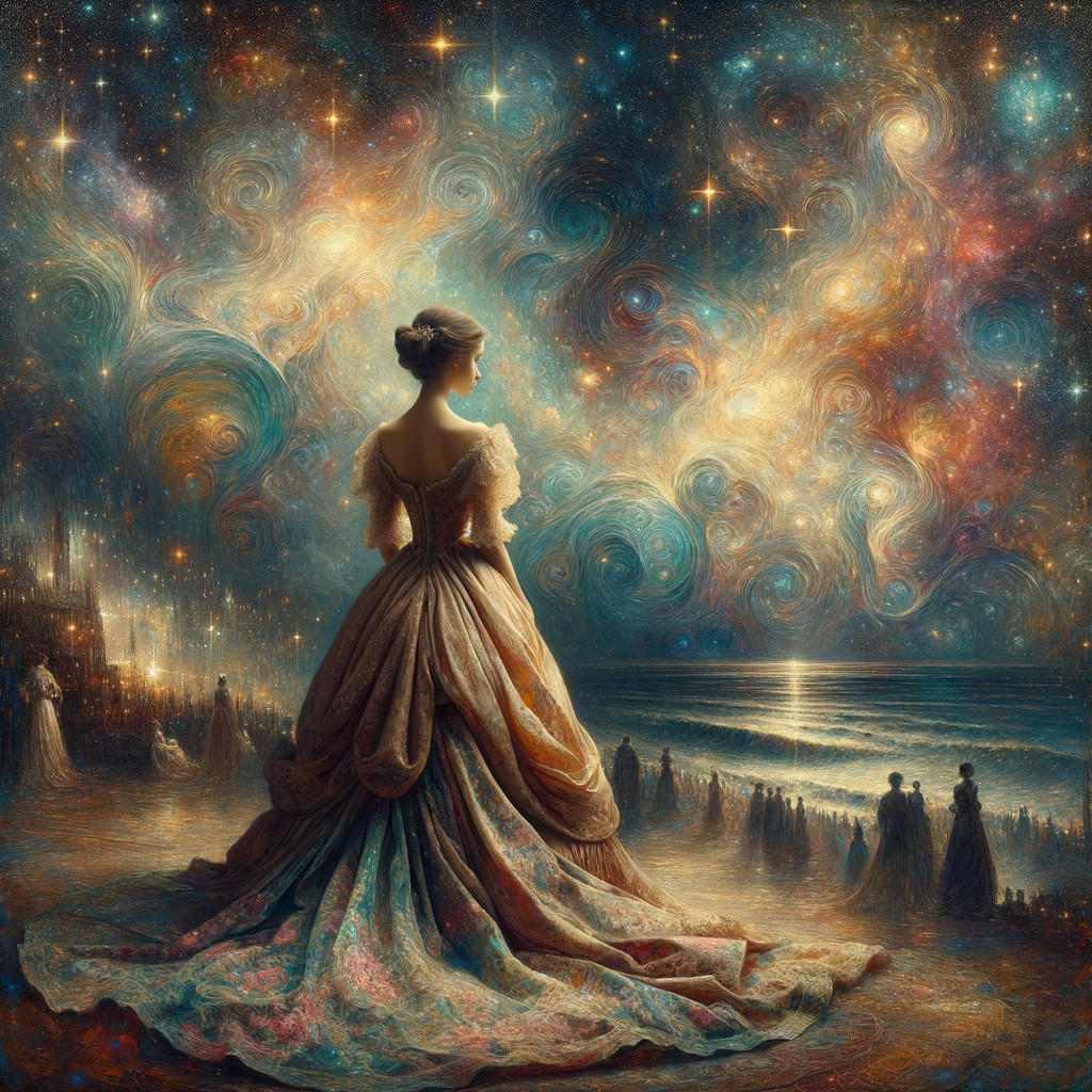 Victorian-era woman in ballgown by shimmering water