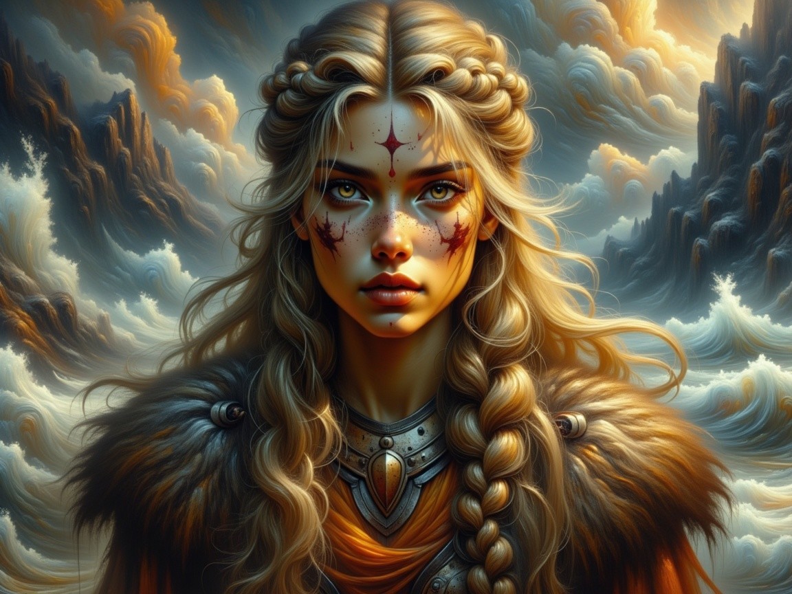 Fierce warrior woman in mythical landscape with armor
