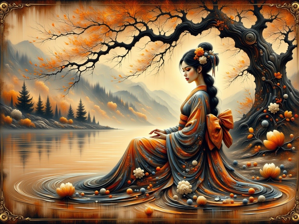 Woman in Kimono by Tranquil Autumn Lake Scene