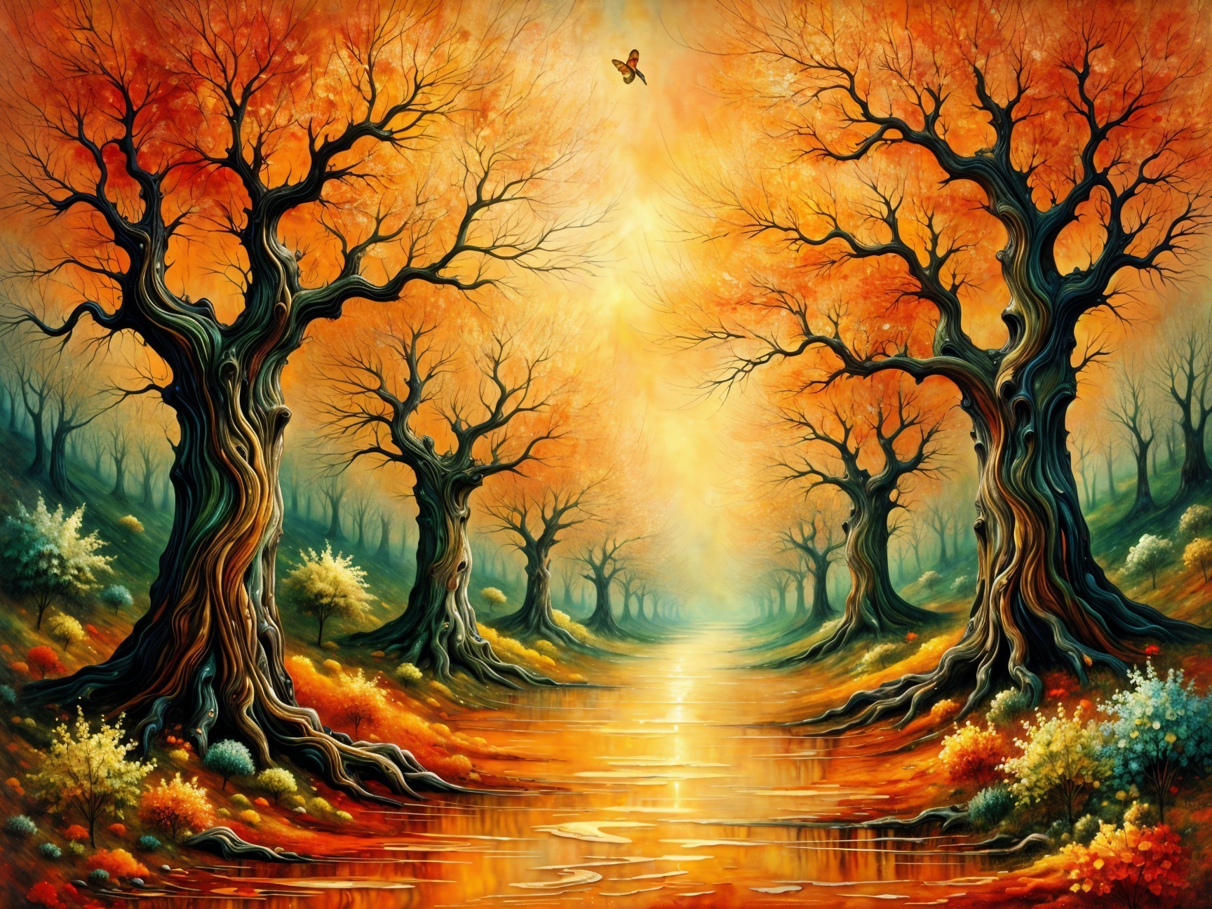 Vibrant Autumn Landscape with Twisted Trees and River
