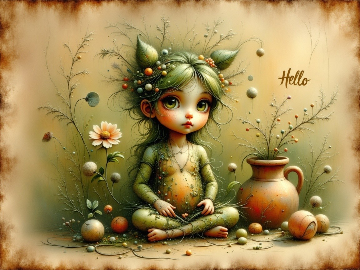 Whimsical Scene of a Girl with Green Hair and Plants