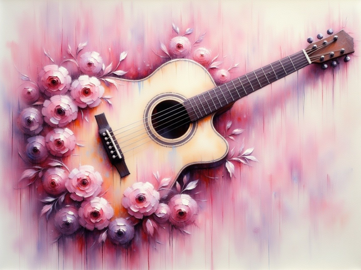 Acoustic Guitar Surrounded by Pink and White Roses