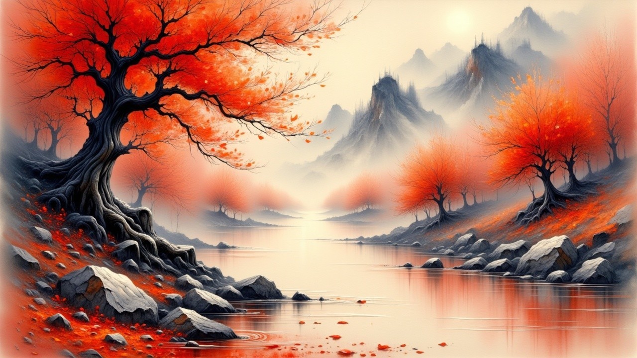 Tranquil River and Autumn Foliage Landscape Scene