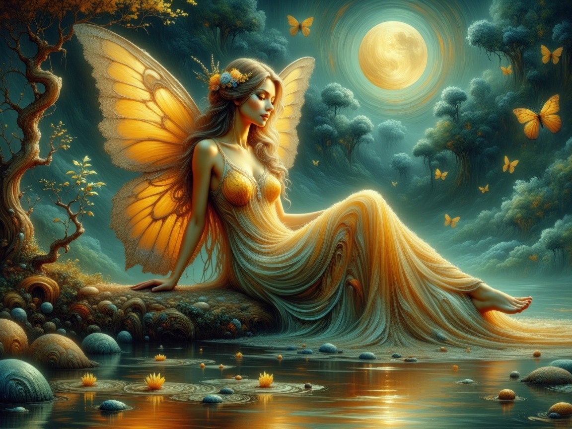 Fairy by Shimmering Pond with Glowing Orange Wings