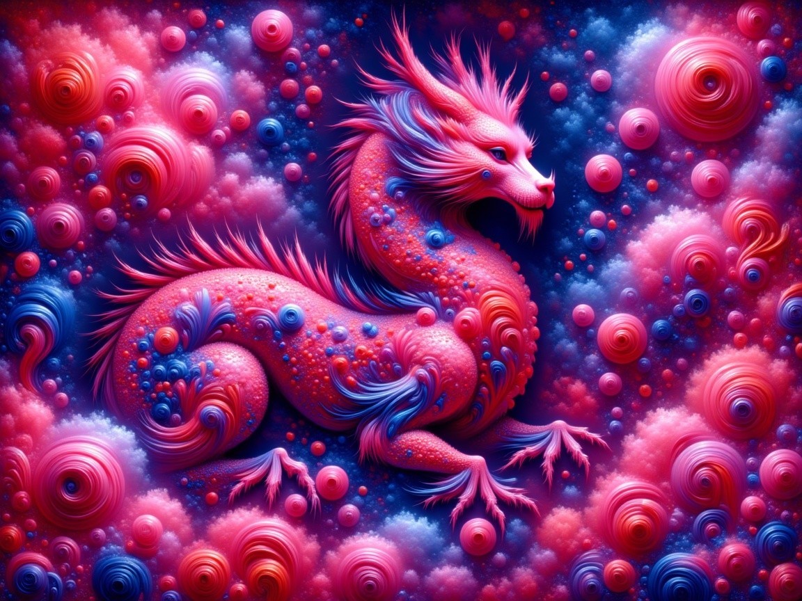 Magenta and Blue Dragon in Psychedelic Landscape