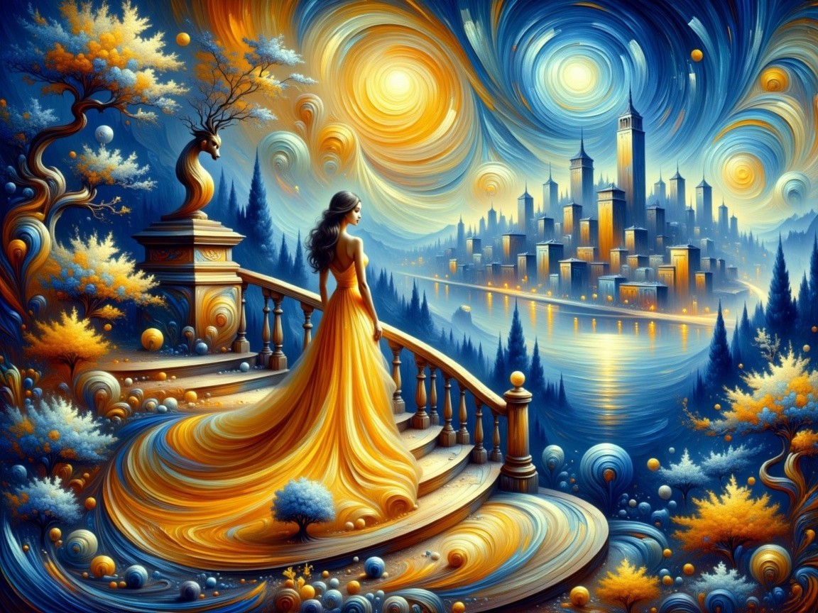 Woman in Golden Dress on Grand Staircase Overlooking City