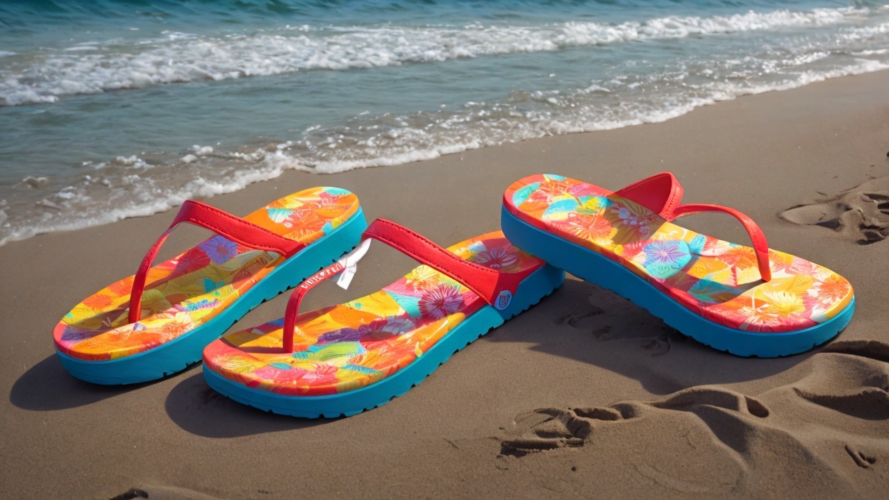 Colorful Flip-Flops on Sandy Beach with Waves