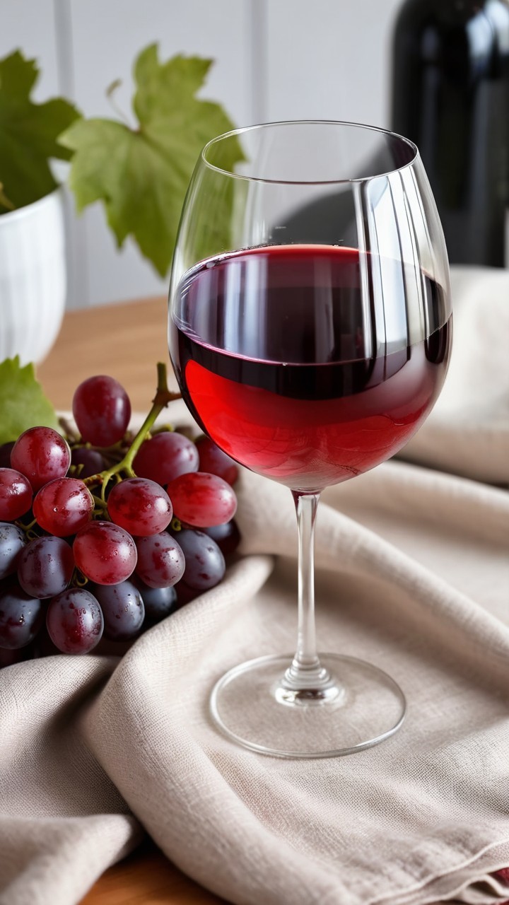 Elegant Wine Glass with Red Wine and Grapes