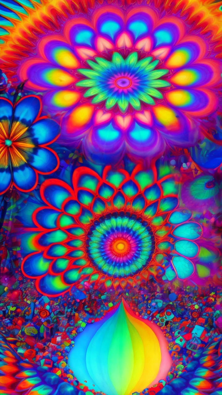 Psychedelic Floral Artwork with Vibrant Colors and Patterns