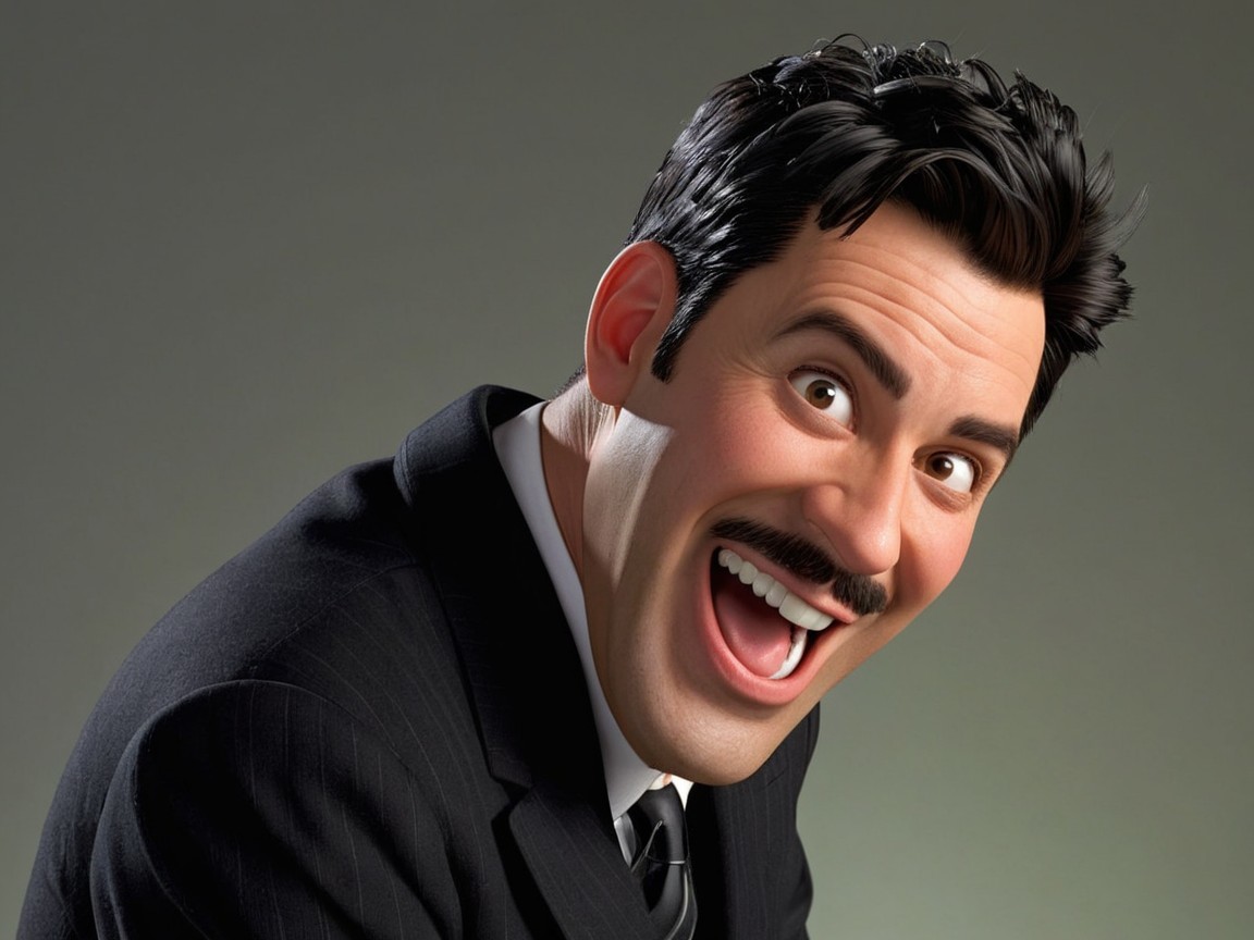 Cheerful Animated Character in Black Suit and Mustache