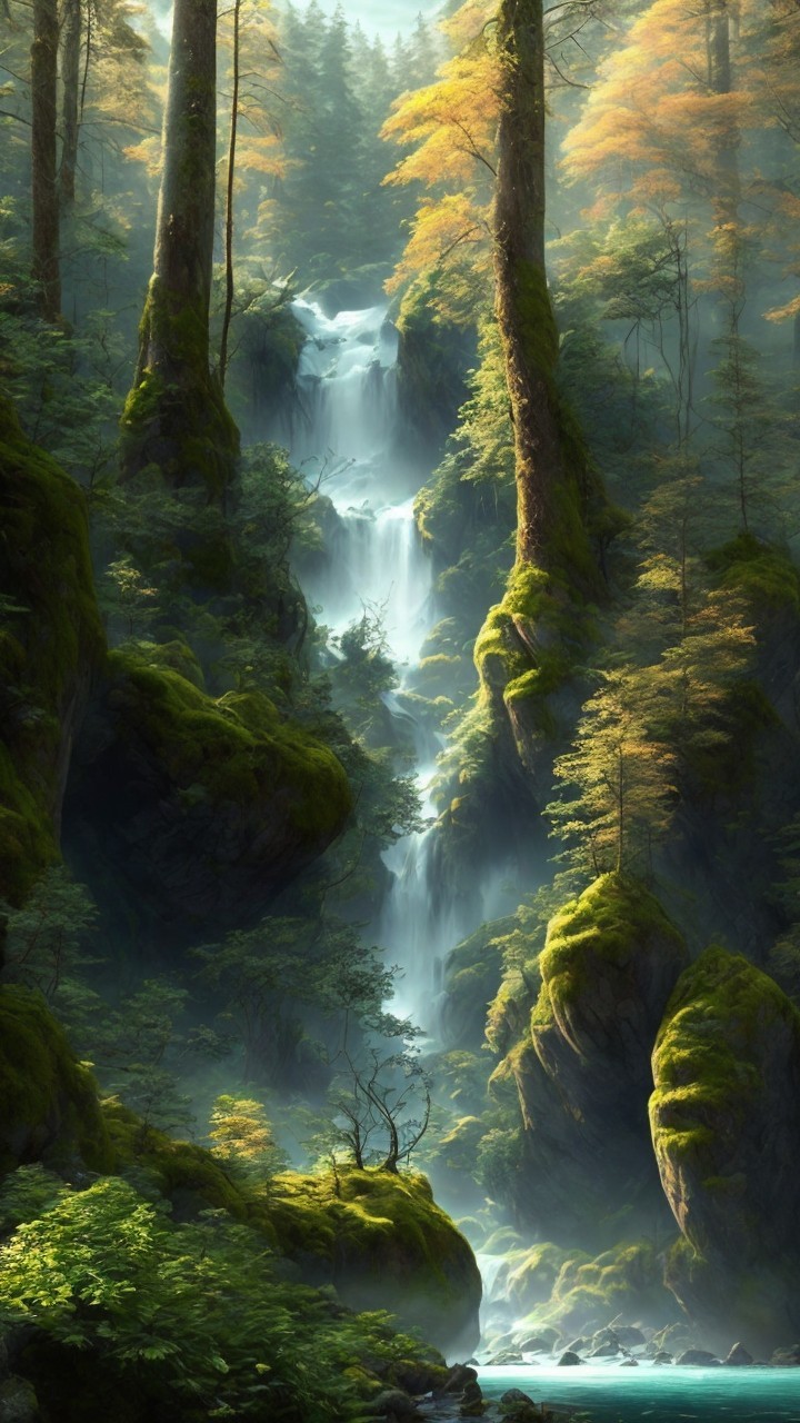 Cascading Waterfall in a Lush Autumn Landscape