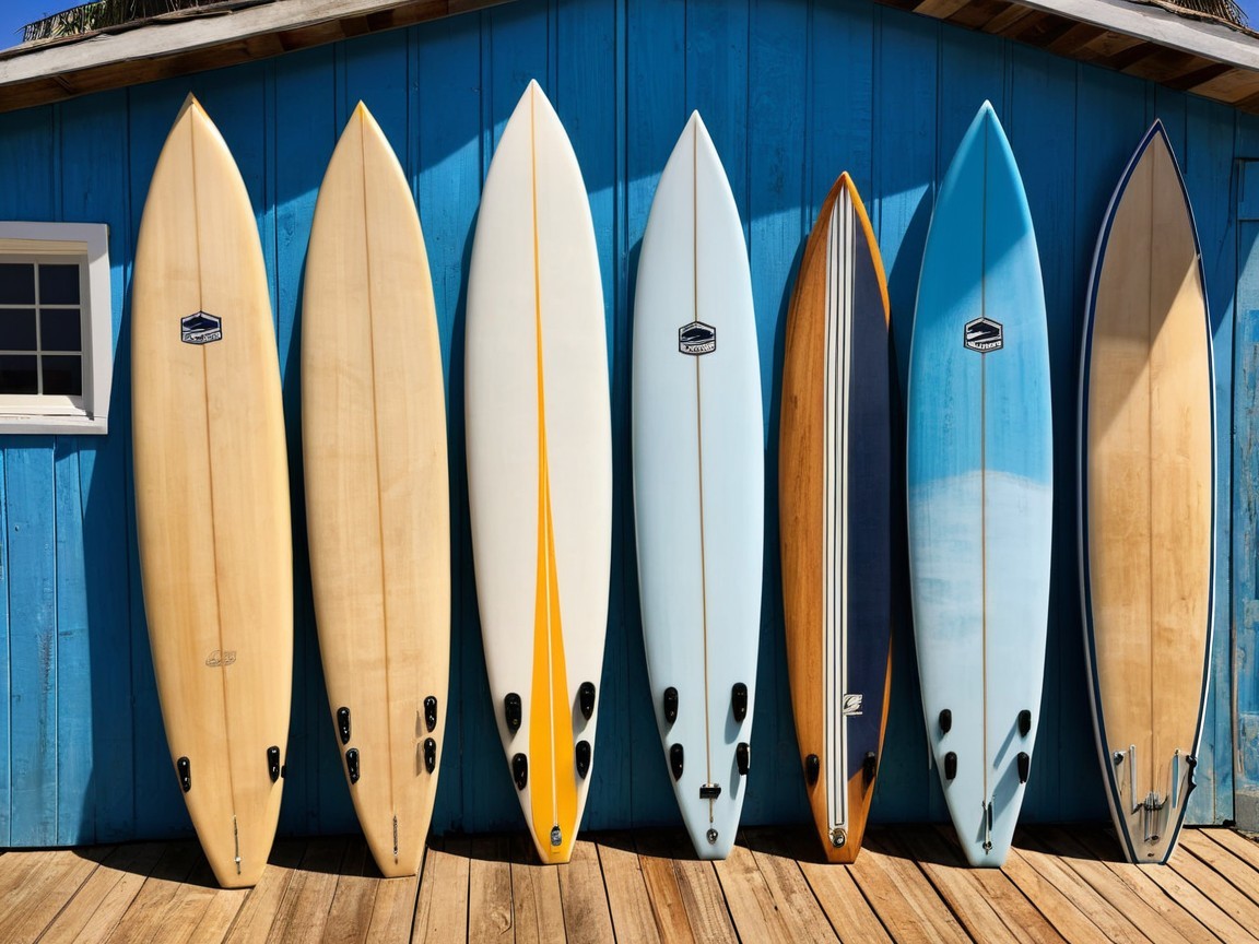 Variety of Surfboards Against Blue Wooden Wall