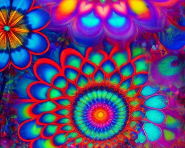 Psychedelic Floral Artwork with Vibrant Colors and Patterns