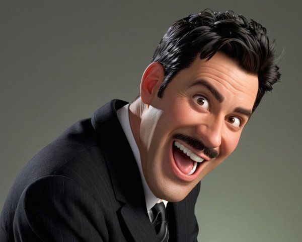 Cheerful Animated Character in Black Suit and Mustache