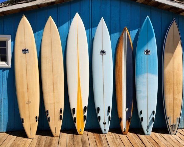 Variety of Surfboards Against Blue Wooden Wall